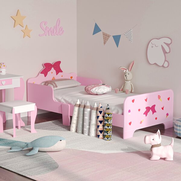 ZONEKIZ Princess-Themed Toddler Bed with Safety Side Rails and Slats, Cute Patterns, Kids Bedroom Furniture, Pink, 143 x 74 x 59 cm Aosom UK
