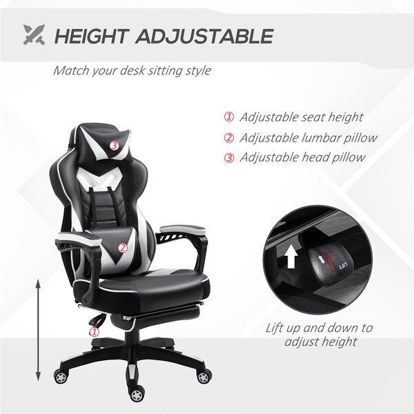 Vinsetto Racing Gaming Chair Ergonomic Office Desk Chair w/ Adjustable Height, Wheels, Headrest, Lumbar Support, Retractable Footrest White Aosom UK