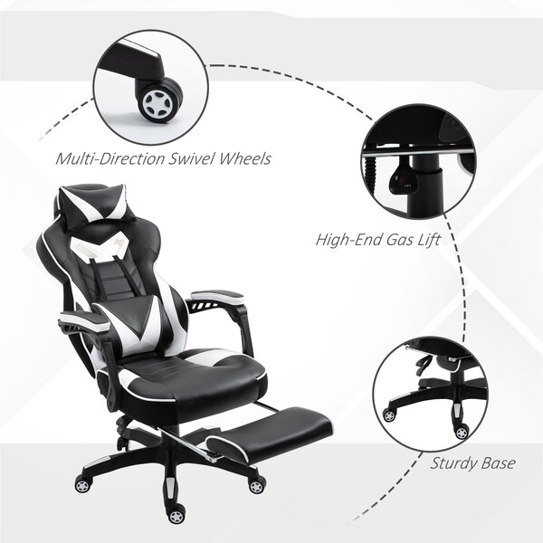 Vinsetto Racing Gaming Chair Ergonomic Office Desk Chair w/ Adjustable Height, Wheels, Headrest, Lumbar Support, Retractable Footrest White Aosom UK