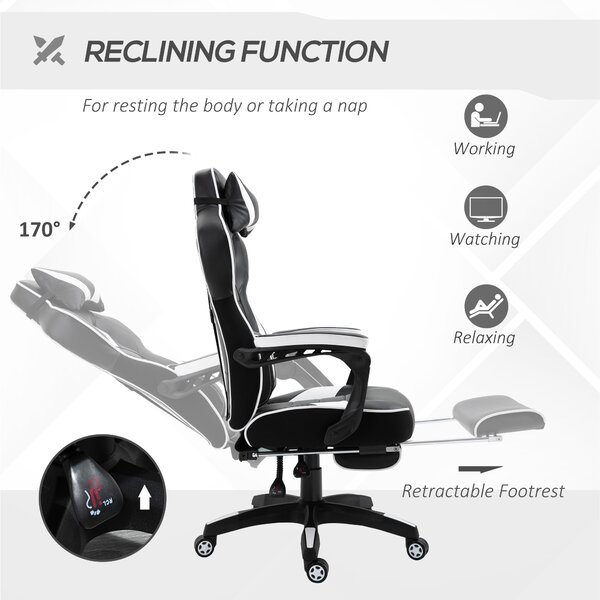 Vinsetto Racing Gaming Chair Ergonomic Office Desk Chair w/ Adjustable Height, Wheels, Headrest, Lumbar Support, Retractable Footrest White Aosom UK