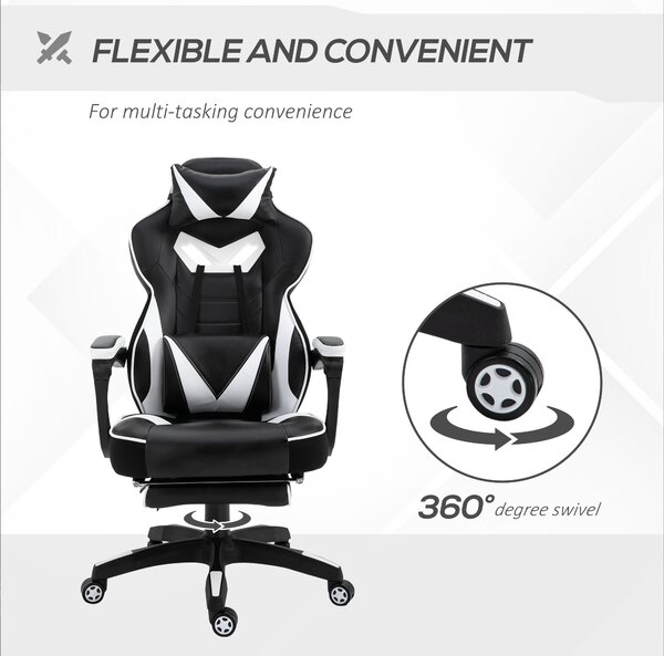 Vinsetto Racing Gaming Chair Ergonomic Office Desk Chair w/ Adjustable Height, Wheels, Headrest, Lumbar Support, Retractable Footrest White Aosom UK