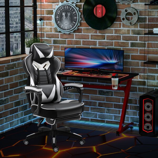Vinsetto Racing Gaming Chair Ergonomic Office Desk Chair w/ Adjustable Height, Wheels, Headrest, Lumbar Support, Retractable Footrest White Aosom UK