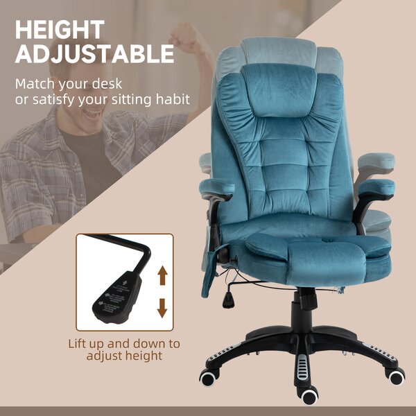 Vinsetto Heated Massage Office Chair, Velvet-Feel Fabric Executive Office Chair with 6 Massage Points, 360° Swivel Wheels, Blue Aosom UK