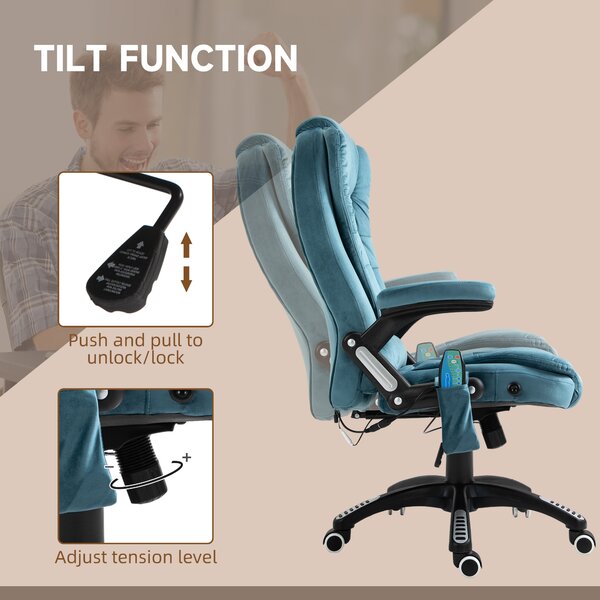 Vinsetto Heated Massage Office Chair, Velvet-Feel Fabric Executive Office Chair with 6 Massage Points, 360° Swivel Wheels, Blue Aosom UK