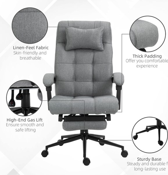 Vinsetto Ergonomic Desk Chair, High-Back Office Chair with Adjustable Height, Backrest, Footrest & Movable Wheels, Cat Scratch Resistant, Light Grey Aosom UK