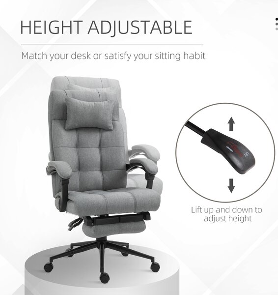 Vinsetto Ergonomic Desk Chair, High-Back Office Chair with Adjustable Height, Backrest, Footrest & Movable Wheels, Cat Scratch Resistant, Light Grey Aosom UK