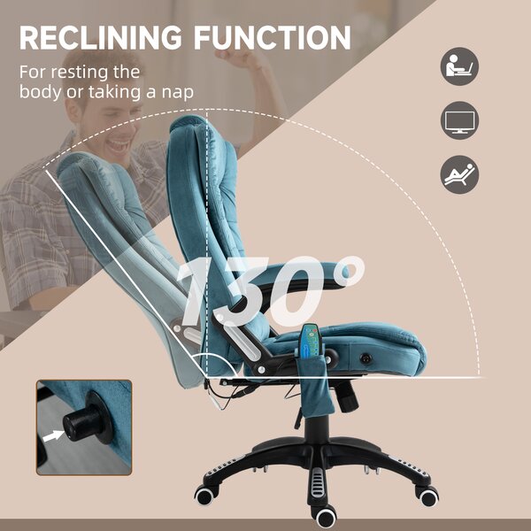 Vinsetto Heated Massage Office Chair, Velvet-Feel Fabric Executive Office Chair with 6 Massage Points, 360° Swivel Wheels, Blue Aosom UK