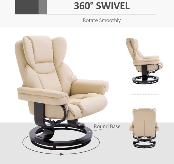 HOMCOM Reclining Swivel Armchair & Footstool Set, Manual PU Leather Relax Chair with Bentwood Base, Cream Aosom UK