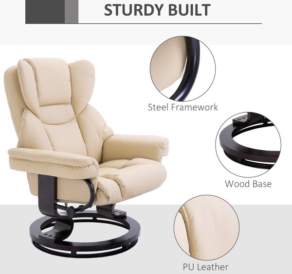HOMCOM Reclining Swivel Armchair & Footstool Set, Manual PU Leather Relax Chair with Bentwood Base, Cream Aosom UK