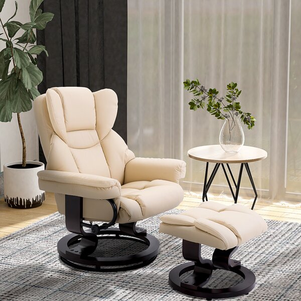 HOMCOM Reclining Swivel Armchair & Footstool Set, Manual PU Leather Relax Chair with Bentwood Base, Cream Aosom UK