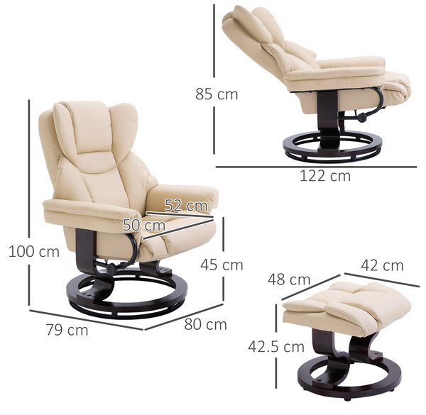 HOMCOM Reclining Swivel Armchair & Footstool Set, Manual PU Leather Relax Chair with Bentwood Base, Cream Aosom UK