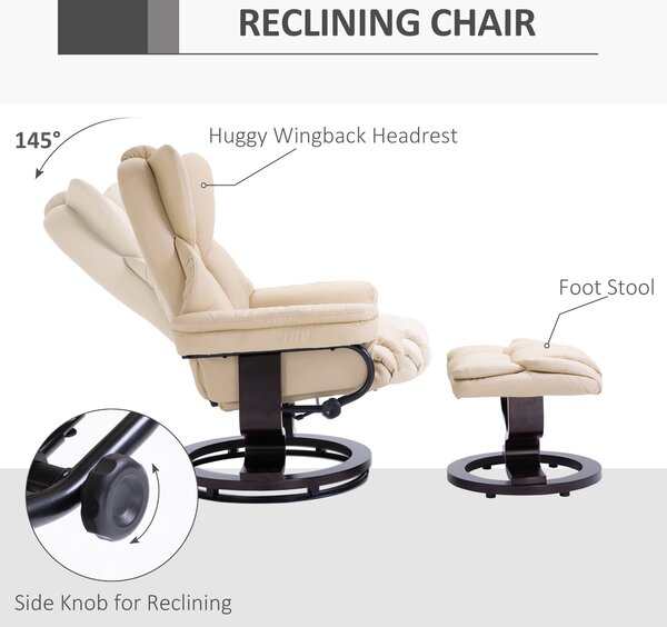 HOMCOM Reclining Swivel Armchair & Footstool Set, Manual PU Leather Relax Chair with Bentwood Base, Cream Aosom UK