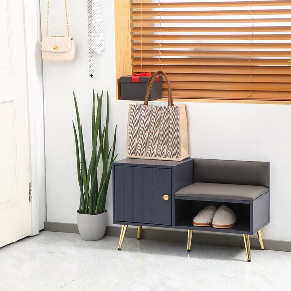 HOMCOM Shoe Bench with Storage, Shoe Cabinet with Seating Cushion, Open Compartment and Table Top for Entryway, Hallway, Grey Aosom UK