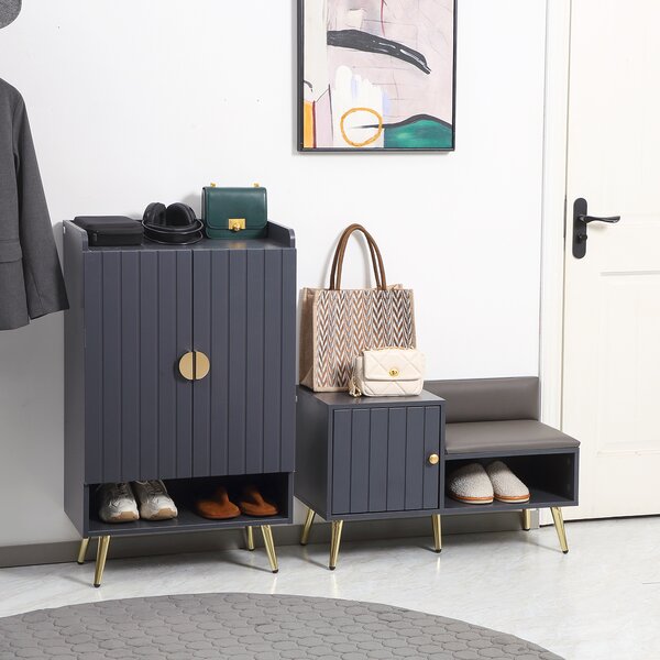 HOMCOM Shoe Bench with Storage, Shoe Cabinet with Seating Cushion, Open Compartment and Table Top for Entryway, Hallway, Grey Aosom UK