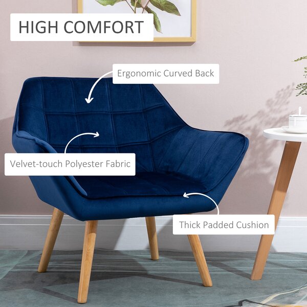 HOMCOM Armchair Accent Chair Wide Arms Slanted Back Padding Iron Frame Wooden Legs Home Bedroom Furniture Seating Set of 2 Blue Aosom UK
