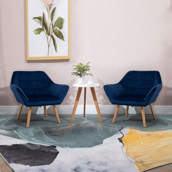 HOMCOM Armchair Accent Chair Wide Arms Slanted Back Padding Iron Frame Wooden Legs Home Bedroom Furniture Seating Set of 2 Blue Aosom UK
