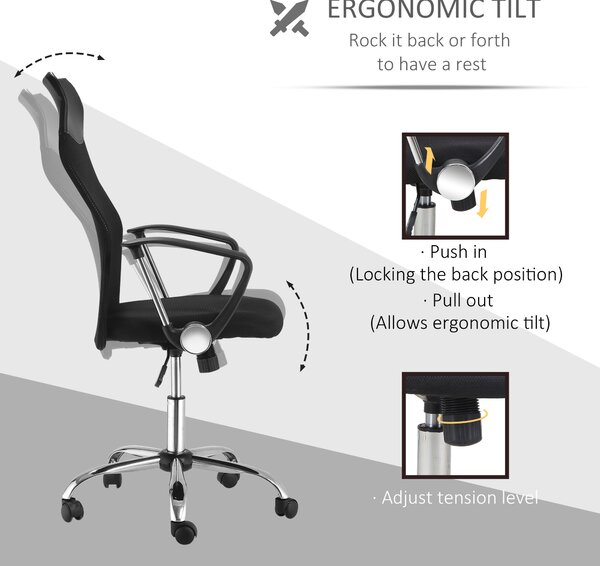 HOMCOM Ergonomic Office Chair Mesh Chair with Adjustable Height Tilt Function Black Aosom UK