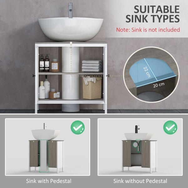 Kleankin Floor Standing Bathroom Sink Cabinet, Modern Under Sink Storage Cupboard with Adjustable Shelf, Double Doors, Antique White Aosom UK