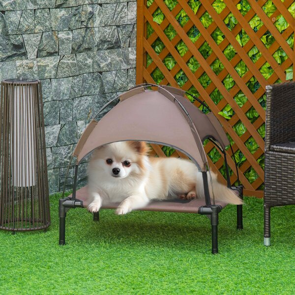 PawHut Raised Dog Bed Waterproof Elevated Pet Cot with Breathable Mesh UV Protection Canopy Coffee, for Small Dogs, 61 x 46 x 62cm Aosom UK