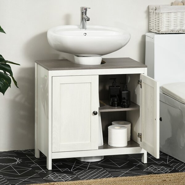 Kleankin Floor Standing Bathroom Sink Cabinet, Modern Under Sink Storage Cupboard with Adjustable Shelf, Double Doors, Antique White Aosom UK
