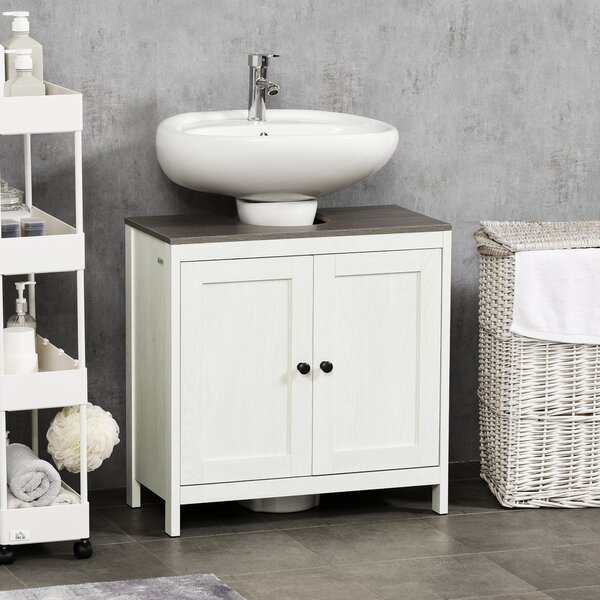 Kleankin Floor Standing Bathroom Sink Cabinet, Modern Under Sink Storage Cupboard with Adjustable Shelf, Double Doors, Antique White Aosom UK