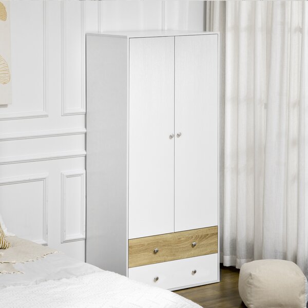 HOMCOM 2 Door Wardrobe with 2 Drawers White Gloss Wardrobe with Anti-tipping Straps for Bedroom 180 x 80 x 50cm, 10kg Load, White Aosom UK