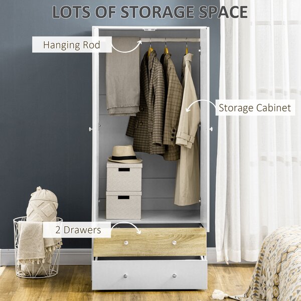 HOMCOM 2 Door Wardrobe with 2 Drawers White Gloss Wardrobe with Anti-tipping Straps for Bedroom 180 x 80 x 50cm, 10kg Load, White Aosom UK