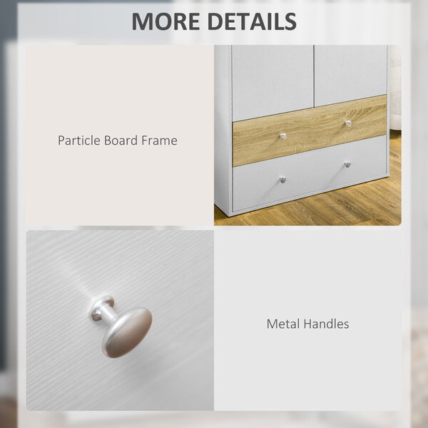 HOMCOM 2 Door Wardrobe with 2 Drawers White Gloss Wardrobe with Anti-tipping Straps for Bedroom 180 x 80 x 50cm, 10kg Load, White Aosom UK