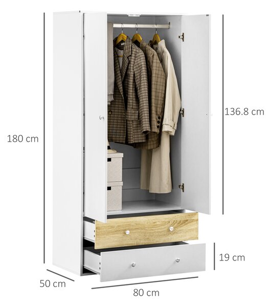 HOMCOM 2 Door Wardrobe with 2 Drawers White Gloss Wardrobe with Anti-tipping Straps for Bedroom 180 x 80 x 50cm, 10kg Load, White Aosom UK