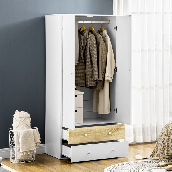 HOMCOM 2 Door Wardrobe with 2 Drawers White Gloss Wardrobe with Anti-tipping Straps for Bedroom 180 x 80 x 50cm, 10kg Load, White Aosom UK