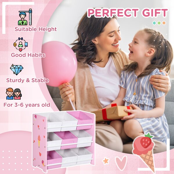 ZONEKIZ 3-Tier Storage Rack Toy Storage Organizer with 9 Removable Bins & Smooth Edges, for Playroom, Nursery and Kids Room, Pink Aosom UK