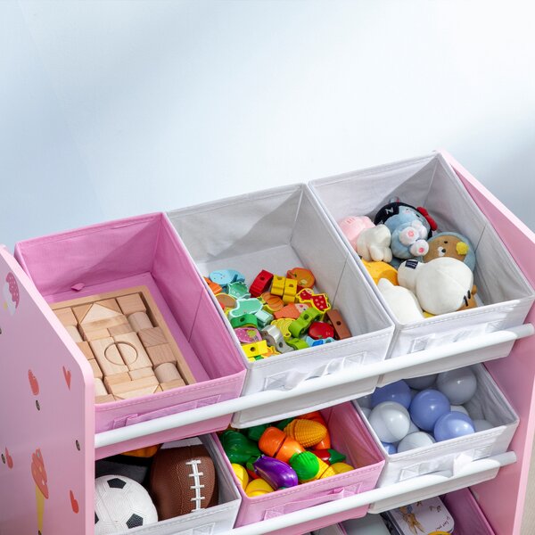 ZONEKIZ 3-Tier Storage Rack Toy Storage Organizer with 9 Removable Bins & Smooth Edges, for Playroom, Nursery and Kids Room, Pink Aosom UK