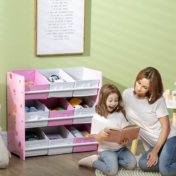 ZONEKIZ 3-Tier Storage Rack Toy Storage Organizer with 9 Removable Bins & Smooth Edges, for Playroom, Nursery and Kids Room, Pink Aosom UK