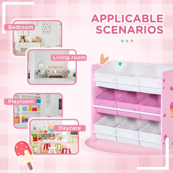 ZONEKIZ 3-Tier Storage Rack Toy Storage Organizer with 9 Removable Bins & Smooth Edges, for Playroom, Nursery and Kids Room, Pink Aosom UK