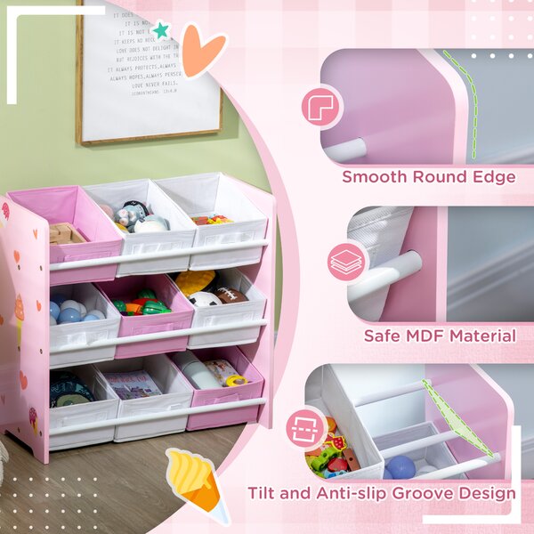 ZONEKIZ 3-Tier Storage Rack Toy Storage Organizer with 9 Removable Bins & Smooth Edges, for Playroom, Nursery and Kids Room, Pink Aosom UK