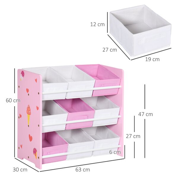 ZONEKIZ 3-Tier Storage Rack Toy Storage Organizer with 9 Removable Bins & Smooth Edges, for Playroom, Nursery and Kids Room, Pink Aosom UK