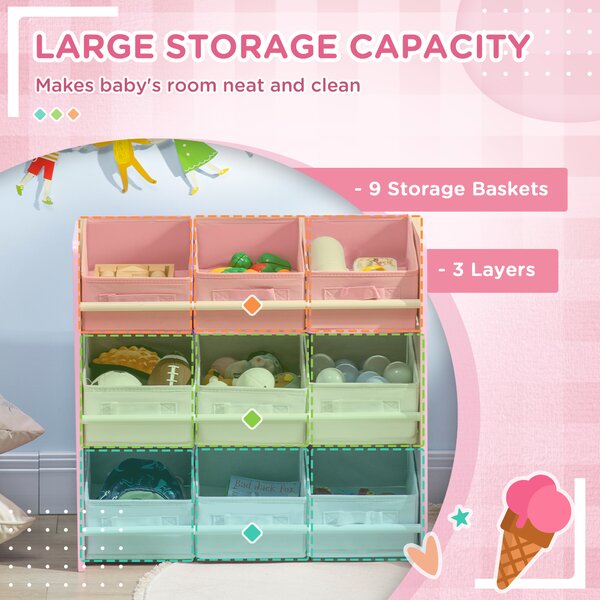ZONEKIZ 3-Tier Storage Rack Toy Storage Organizer with 9 Removable Bins & Smooth Edges, for Playroom, Nursery and Kids Room, Pink Aosom UK