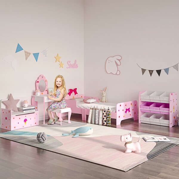 ZONEKIZ Pink Kids Vanity Set with Dressing Table, Mirror, Stool, Drawer, Cute Patterns, for 3-6 Years Old Aosom UK