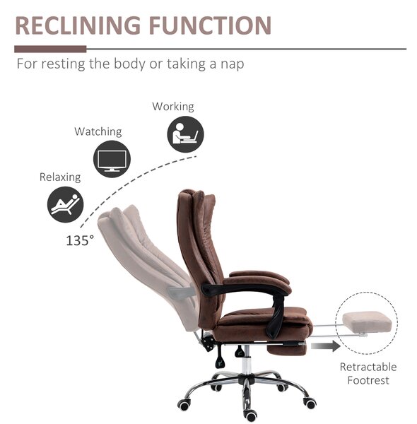 Vinsetto Ergonomic Office Chair, Home Office Chair with Reclining Function, Armrests, Swivel Wheels, Footrest, Cat Scratch Resistant Fabric, Brown Aosom UK