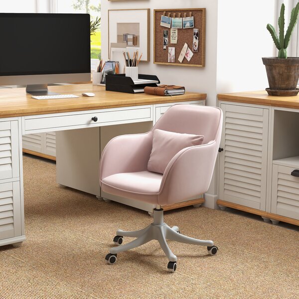 Vinsetto Velvet Massage Office Chair, Makeup Vanity Chair, Rechargeable Electric Vibration Massage Lumbar Pillow, Rolling Wheels, Pink Aosom UK