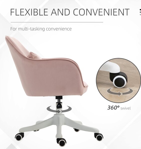 Vinsetto Velvet Massage Office Chair, Makeup Vanity Chair, Rechargeable Electric Vibration Massage Lumbar Pillow, Rolling Wheels, Pink Aosom UK