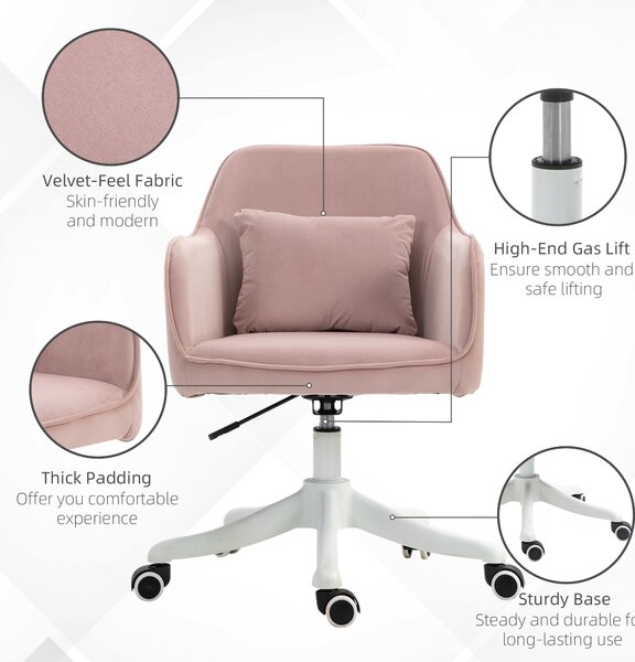 Vinsetto Velvet Massage Office Chair, Makeup Vanity Chair, Rechargeable Electric Vibration Massage Lumbar Pillow, Rolling Wheels, Pink Aosom UK
