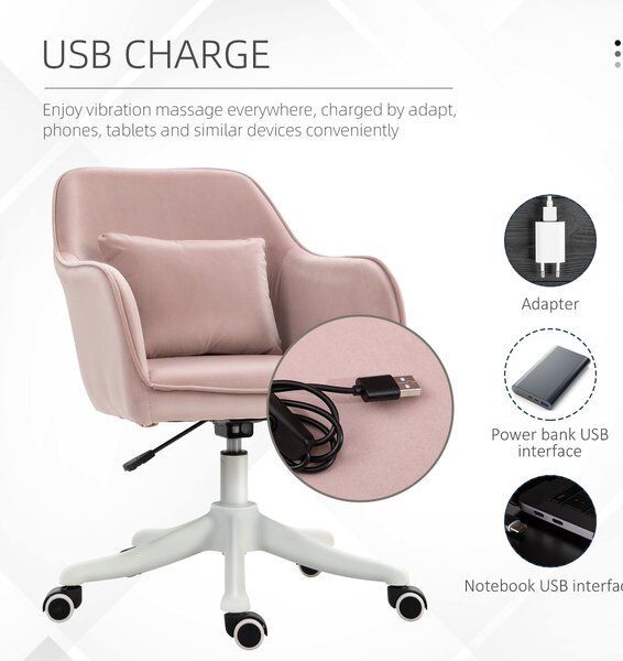 Vinsetto Velvet Massage Office Chair, Makeup Vanity Chair, Rechargeable Electric Vibration Massage Lumbar Pillow, Rolling Wheels, Pink Aosom UK