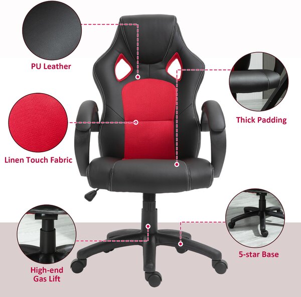 Vinsetto Ergonomic Office Chair, Faux Leather, Adjustable Height, w/ Wheels & Armrests, Ideal for Home Office, Black & Red Aosom UK