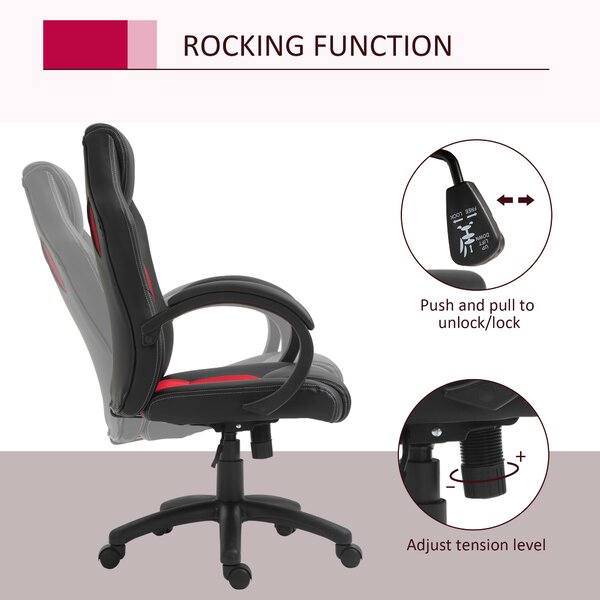 Vinsetto Ergonomic Office Chair, Faux Leather, Adjustable Height, w/ Wheels & Armrests, Ideal for Home Office, Black & Red Aosom UK