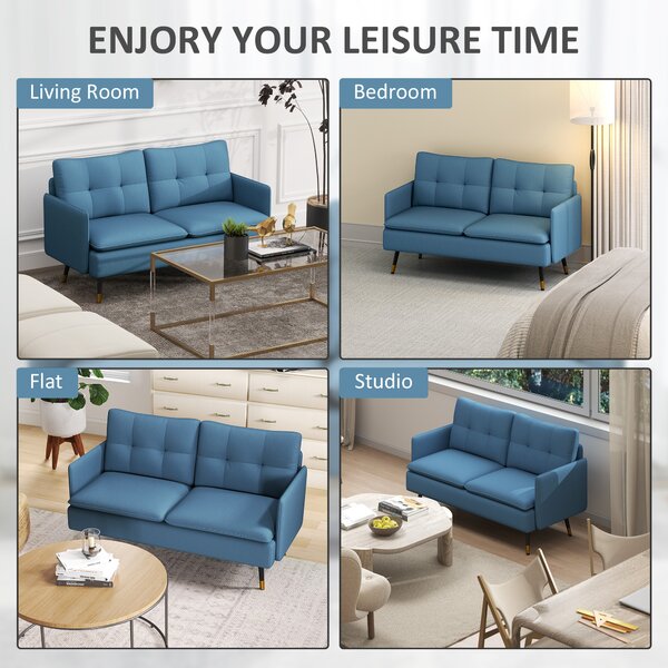 HOMCOM 2 Seater Sofas for Living Room, Fabric Couch, Button Tufted Love Seat with Cushions & Anti-Cat-Scratch Material, Dark Blue Aosom UK