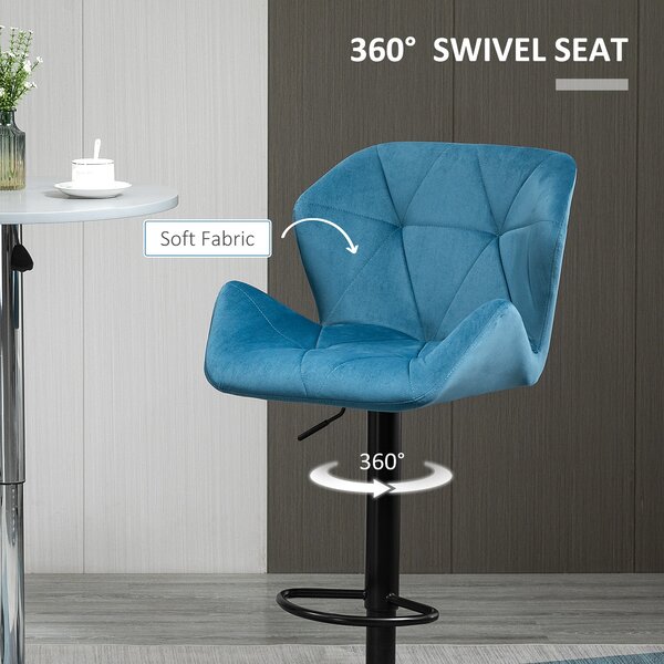 HOMCOM Bar Chair Set of 2, Velvet-Touch Bar Stools w/ Metal Frame Footrest Round Base, Adjustable Triangle Indenting Moulded Seat, Blue Aosom UK