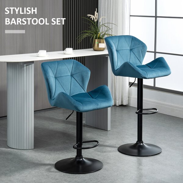 HOMCOM Bar Chair Set of 2, Velvet-Touch Bar Stools w/ Metal Frame Footrest Round Base, Adjustable Triangle Indenting Moulded Seat, Blue Aosom UK