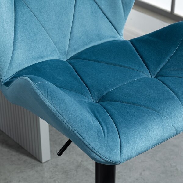 HOMCOM Bar Chair Set of 2, Velvet-Touch Bar Stools w/ Metal Frame Footrest Round Base, Adjustable Triangle Indenting Moulded Seat, Blue Aosom UK