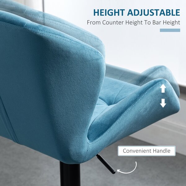 HOMCOM Bar Chair Set of 2, Velvet-Touch Bar Stools w/ Metal Frame Footrest Round Base, Adjustable Triangle Indenting Moulded Seat, Blue Aosom UK